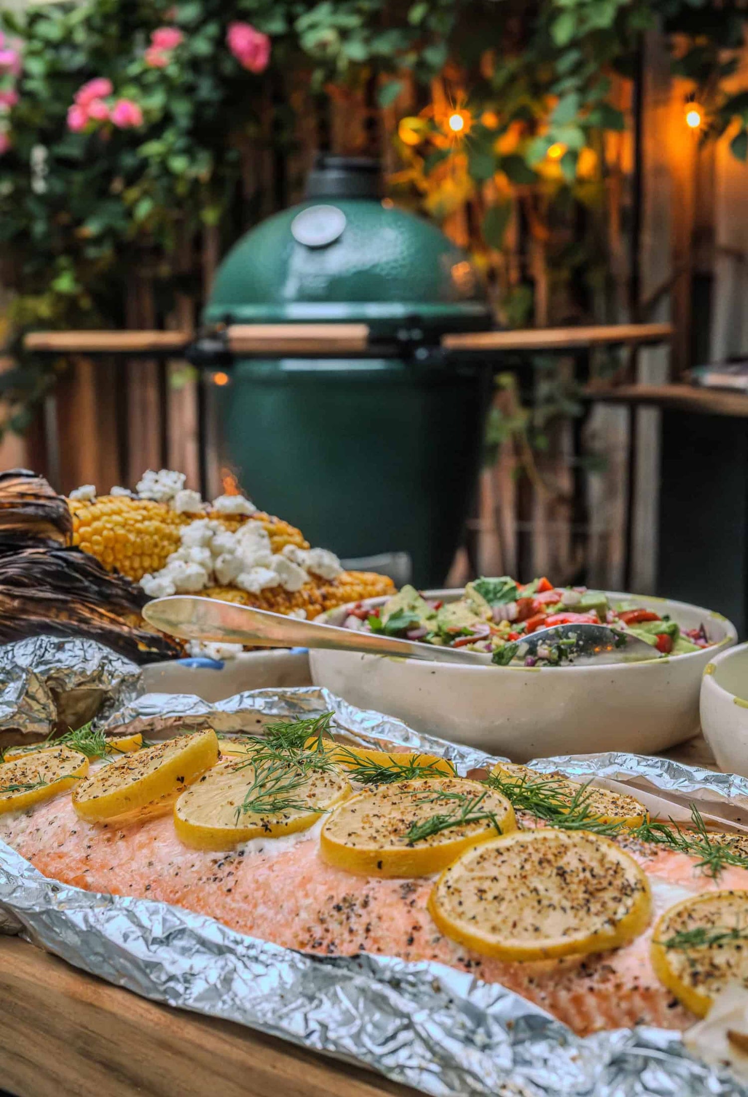 Grilled Lemon-Dill Salmon, Roast Potatoes, and Charred Corn