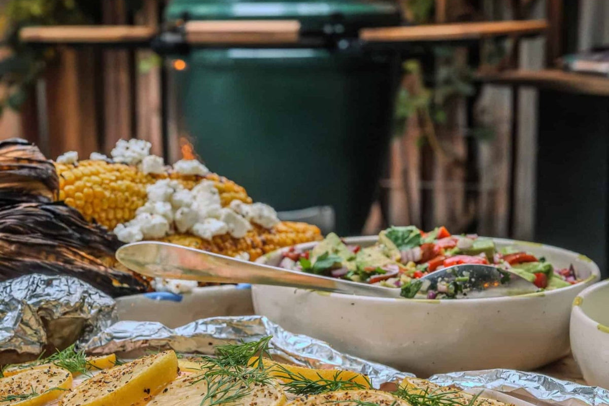 Grilled Lemon-Dill Salmon, Roast Potatoes, and Charred Corn - Big Green Egg