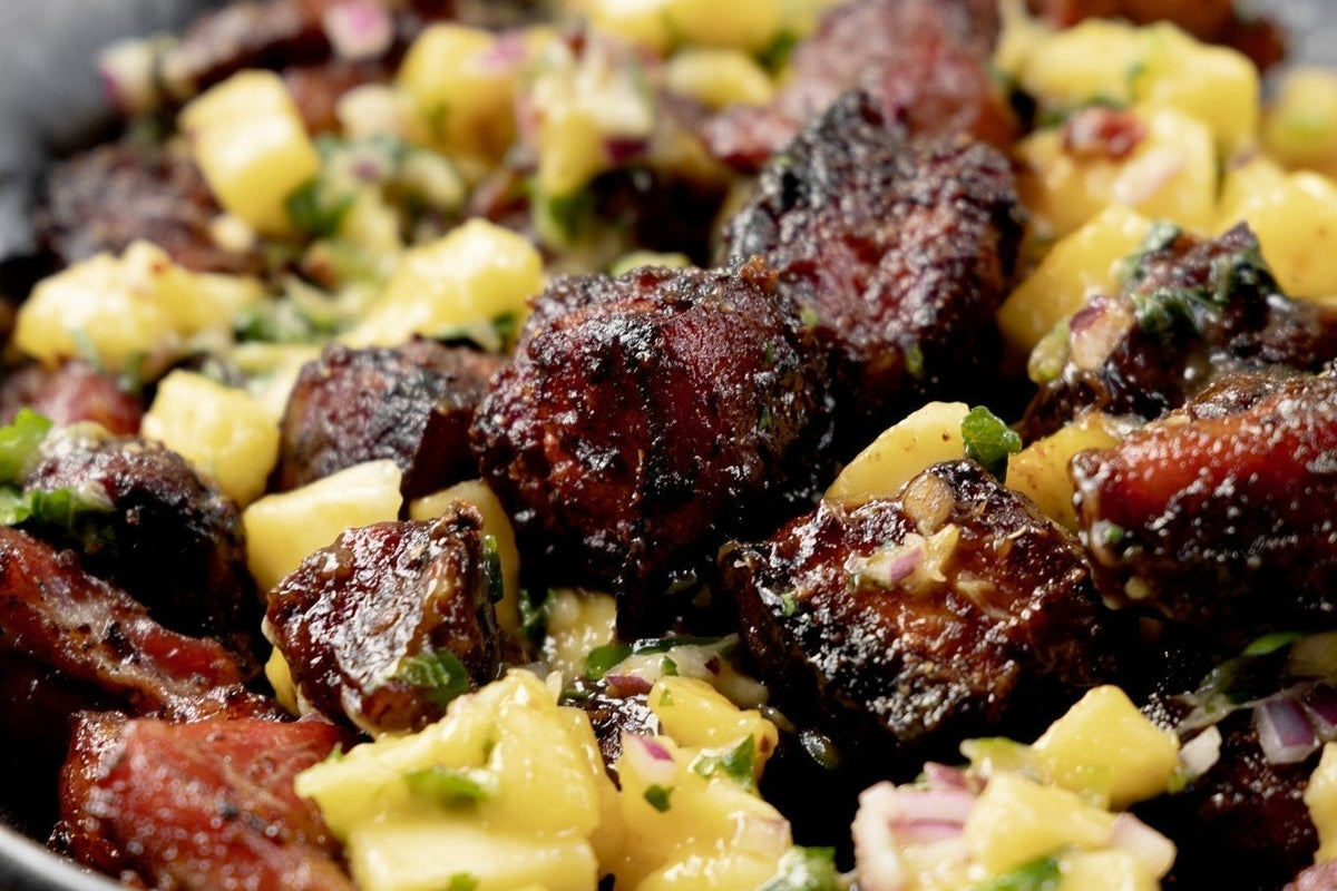 Mango-Glazed Pork Belly Burnt Ends with Chilli-Mint Salsa - Big Green Egg