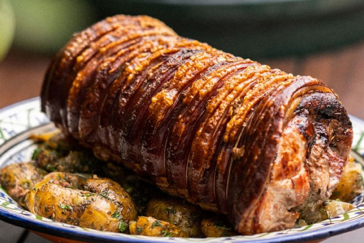 Porchetta with Herby Roast Vegetables - Big Green Egg