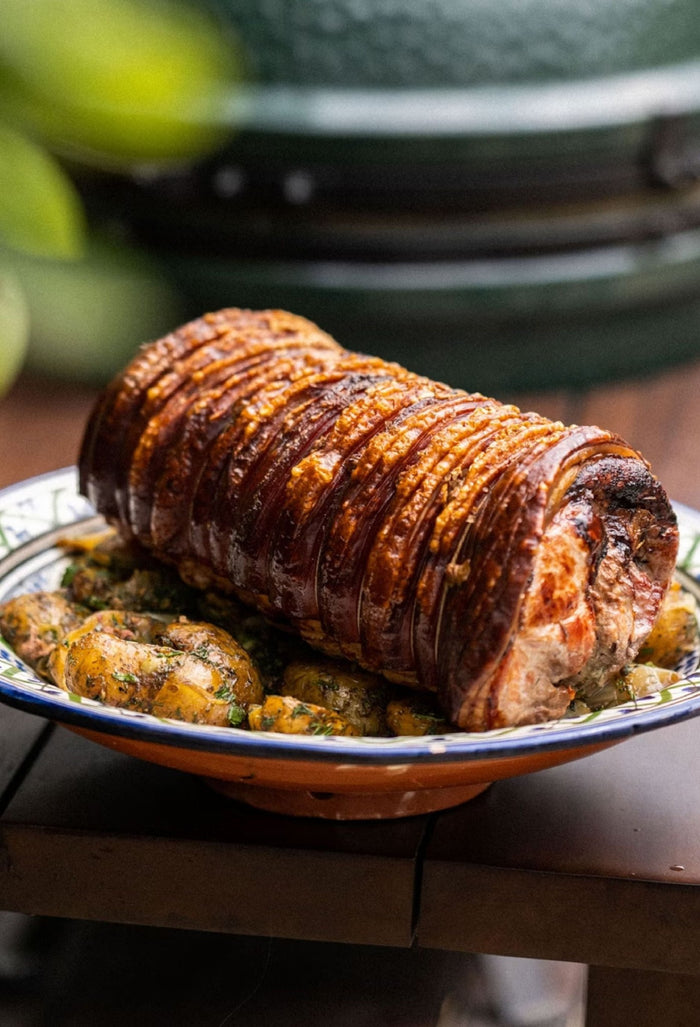 Porchetta with Herby Roast Vegetables - Big Green Egg