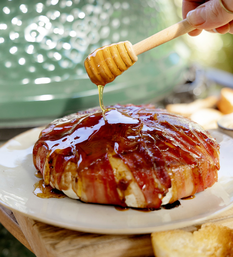 Prosciutto-Wrapped Melted Camembert with Shiraz Jam and Toasted Dipping Bread - Big Green Egg